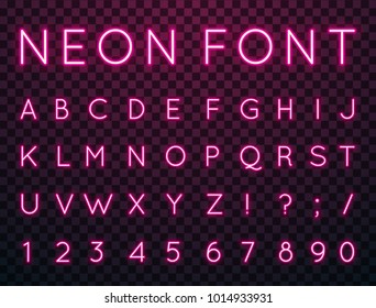 Vector Set Of Characters In Retro Style. Neon Font. Alphabet With Glow Effect. The Letters And Numbers In The Style Of Techno.