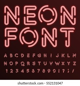 Vector set of characters in retro style. Neon font. Alphabet with glow effect. The letters and numbers in the style of techno.