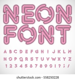 Vector set of characters in retro style. Neon font. Alphabet with glow effect. The letters and numbers in the style of techno.