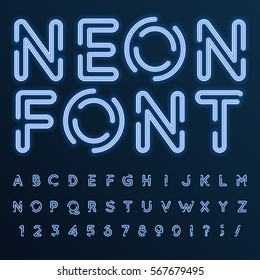 Vector set of characters in retro style. Neon font. Alphabet with glow effect. The letters and numbers in the style of techno.