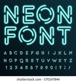 Vector set of characters in retro style. Neon font. Alphabet with glow effect. The letters and numbers in the style of techno.