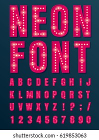 Vector set of characters in retro style. Neon font. Alphabet with glow effect. The letters and numbers in the style of techno.