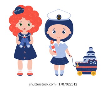 Conjunto de vectores de caracteres. Niñas marineras con un lindo vestido de moda de los años 50. Niños con juguetes marinos. Niños con binocular. Niño con el faro de juguetes y el crucero.