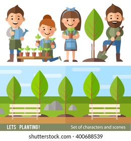 Vector set of characters and scenes on environmental issues. Boys and girls  planted and watered trees, grow flowers.