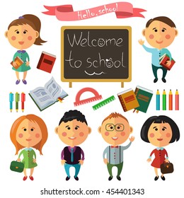 Vector set of characters and school icons in flat style. Student with a book. School theme icons. Pencils, books, rulers.