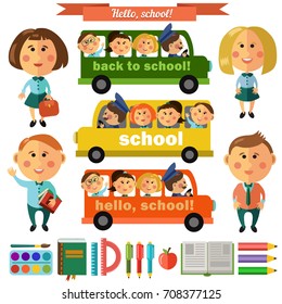 Vector set of characters and school icons in flat style. School bus, kids, books, rulers, brush, paints, pens.