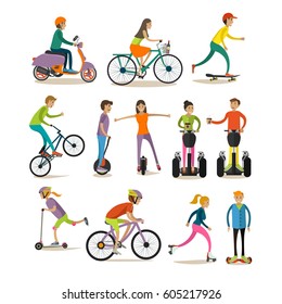 Vector set of characters, sport and modern street transport icons isolated on white background. Means of transport concept design elements in flat style.