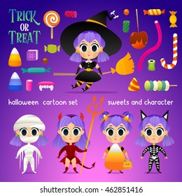 Vector set of characters and sweets for Halloween in cartoon style. Candy corn, witch, devil, skeleton, mummy and other traditional elements. Children in costumes for holiday. Set of candies.