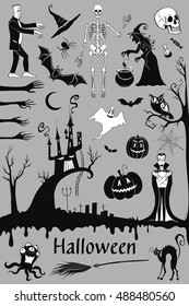 
Vector set of characters and symbols of Halloween stuff. Isolated icon on a gray background