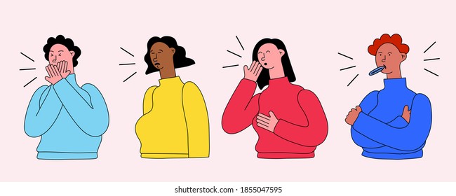 vector set of characters with various symptoms of the disease - cough, sneezing, chills, runny nose.People are sick with coronavirus.Unhealthy appearance.Signs ofcovid-19 infection.Health care concept