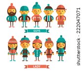 Vector set of characters in winter clothes, cartoon, flat style. Girls and boys in warm clothes, hats and coats.