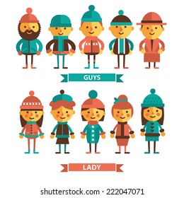 Vector set of characters in winter clothes, cartoon, flat style. Girls and boys in warm clothes, hats and coats.