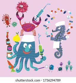 Vector set of characters for your design. Cheerful marine doctors. Funny crab and octopus with pills and syringe fight viruses. Seahorse juggles pills.