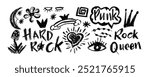 Vector set charcoal graffiti doodle punk and girly shapes . Hand drawn abstract scribbles and squiggles, creative various shapes. Scribbles, scrawls, stars, crown,  punk, rock, curly lines.
