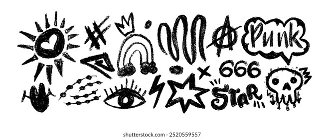 Vetor definir grafite de carvão doodle formas punk e feminino . Rabiscos abstratos desenhados à mão e rabiscos, criativos várias formas. Rabiscos, rabiscos, estrelas, coroa, punk, rock, linhas encaracoladas.
