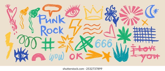 Vector set charcoal graffiti doodle punk and girly shapes . Hand drawn abstract scribbles and squiggles, various shapes . Scribbles, scrawls, stars, crown, punk, rock, moon, curly lines.