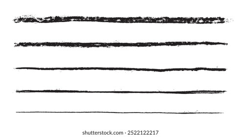Vector set of charcoal lines with a different thickness. 3d realistic slanted coal stick or black crayon. Artistic collection of detailed borders with a rough grungy texture on the white background.
