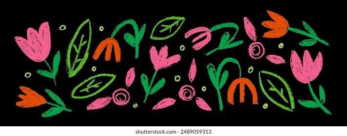 Vector set with charcoal-drawn bold pink  tulips and rose. Naive style pencil drawing. Hand drawn silhouettes of spring tulip flowers on bold stems with rounded long leaves. 