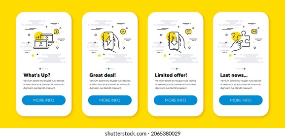 Vector set of Charging app, Outsource work and Download app line icons set. UI phone app screens with line icons. Search puzzle icon. Smartphone charger, Remote job, Smartphone with arrow. Vector