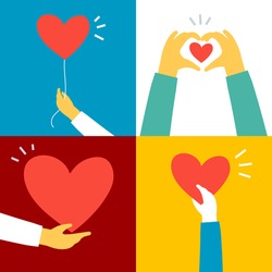 Vector Set Of Charity And Kindness Donation Illustration On Color Background. Hand With Red Shape Heart. Flat Style Romantic Design Of Sharing Love Heart For Valentine's Day Greeting Card, Poster