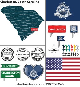 Vector Set Of Charleston, South Carolina In USA With Flag And Icons On White Background