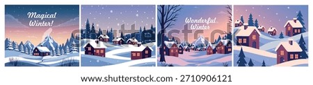 A vector set of charming winter cottages at sunset in towns and villages, with snow-capped hills, pine trees, and sweet winter inscriptions. Perfect for Christmas card designs, banners, seasonal posts