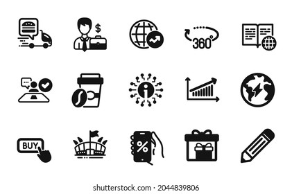 Vector set of Chart, Pencil and Internet book icons simple set. Electricity, Food delivery and Buy button icons. Discounts app, Businessman case and Takeaway coffee signs. Vector