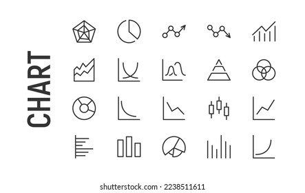 Vector set of chart thin line icons. Design of 20 stroke pictograms. Signs of chart isolated on a white background.