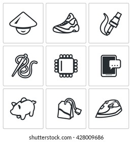 Vector Set of Cheap Labor Icons. Shoes, Electronics, Clothing industry, computer technology, smartphone, saving, tea, household appliances. Minimizing costs by bringing in low-paid labor