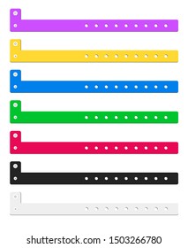Vector set of cheap plastic empty bracelet or wristband in most common colors. L shape pvc vinyl material with safety lock. Hand ID entrance festival bracelet template isolated on a white background.