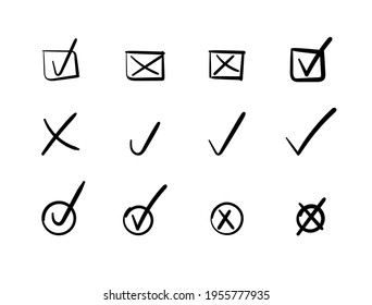 Vector set of check and crosses, black ink paintings isoalted on white background, drawings set, abstract shapes.