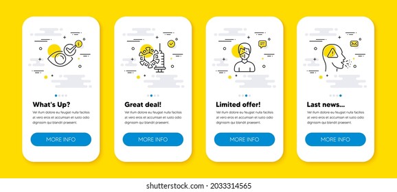 Vector set of Check eye, Coronavirus vaccine and Medical mask line icons set. UI phone app screens with line icons. Cough icon. Vision, Covid protection, Respirator. Flu symptom. Vector