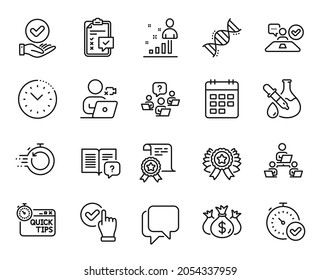 Vector set of Check investment, Chemistry dna and Teamwork question line icons set. Checkbox, Approved checkbox and Certificate icons. Checklist, Time management and Quick tips signs. Vector