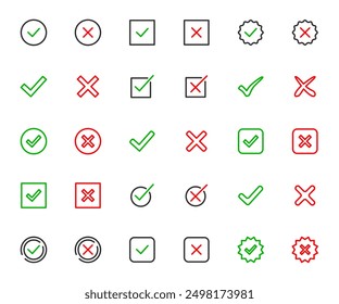 Vector set of check mark color line icons. Tick and cross, yes and no icons. Pixel perfect.