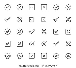 Vector conjunto de iconos de línea de marca de verificación. Marcar y cruzar, sí y no iconos. Píxel perfecto.