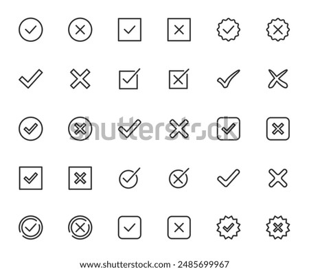 Vector set of check mark line icons. Tick and cross, yes and no icons. Pixel perfect.