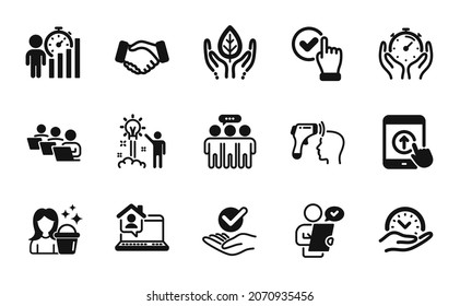 Vector set of Checkbox, Timer and Fair trade icons simple set. Employees group, Swipe up and Approved icons. Customer survey, Cleaning and Work home signs. Checkbox simple web symbol. Vector