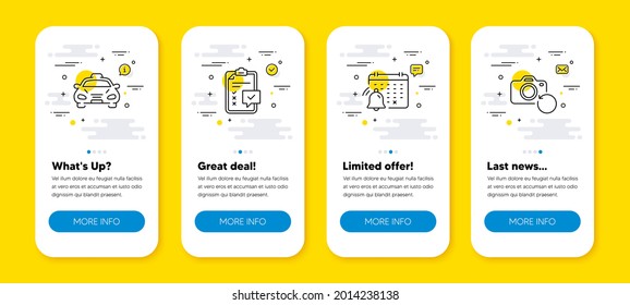 Vector set of Checklist, Notification calendar and Taxi line icons set. UI phone app screens with line icons. Recovery photo icon. Survey, Attention bell, Public transportation. Backup data. Vector