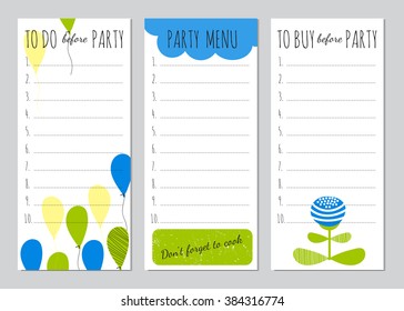 Vector set of checklists. Menu, shopping and to do list. Party organizer, printable template. For stationery, scrapbooking, notebooks and diaries, gifts decoration, greeting designs.