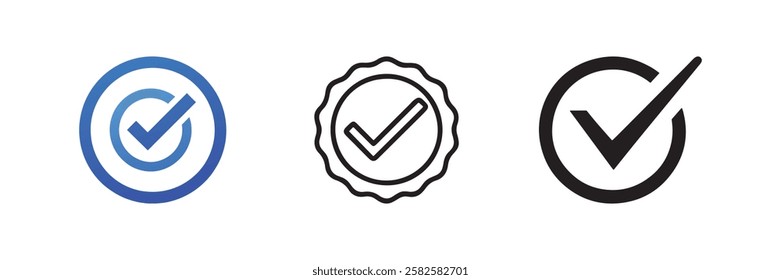 Vector set of checkmark symbols in different styles including circular and badge outlines representing approval verification success certification and completion
