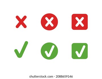Conjunto de vectores, verifica y cruza la colección de iconos, marca y marca de cruce aislada en fondo blanco, en las casillas de verificación de círculo y cuadrado, colores verde y rojo.