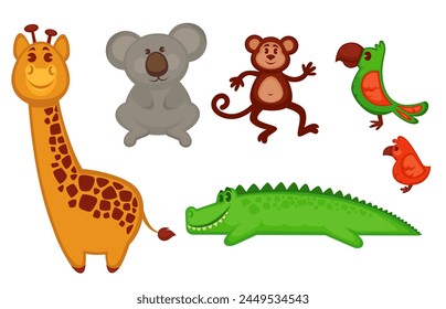 Conjunto de Vector de animales de la selva alegre, estilo de dibujos animados, aislado en blanco. Ideal para libros infantiles y materiales educativos.