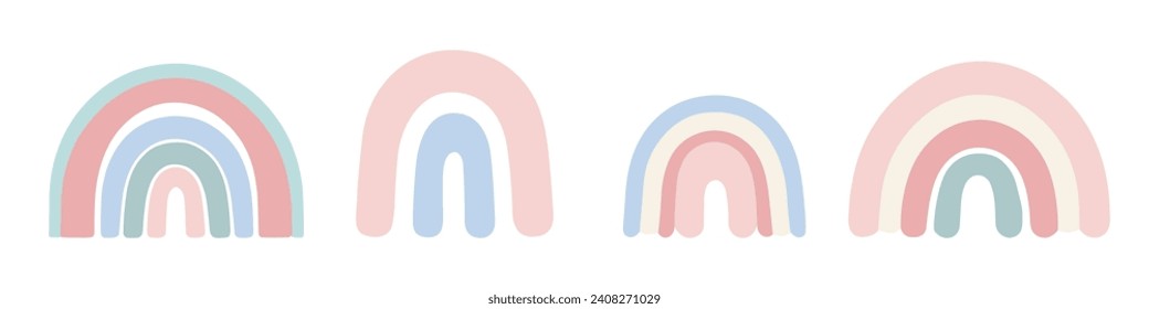 Vector set of cheerful rainbows in pastel colors, ideal for children's illustrations and decorative elements.