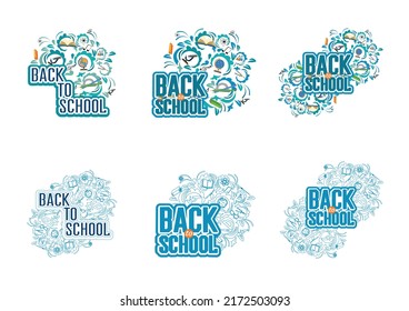 Conjunto de vectores de alegres emblemas escolares con un patrón de trabajo abierto y artículos escolares. De vuelta a la escuela. Plantillas para la decoración de volantes, afiches y publicidad.