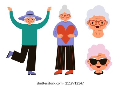 Vector set with cheerful smiling old women. Happy grandmother illustration sticker pack. Cartoon flat print designs on white background.