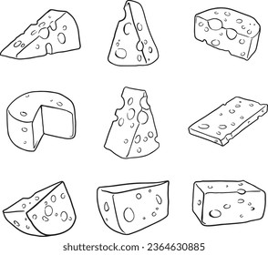 Vector set of cheese isolated on a white background. Hand drawn cheese outline vector illustration. Cheese sketch - black line vector