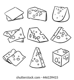 Vector Set Of Cheese Isolated On A White Background. Hand Drawn Cheese Outline Vector Illustration.