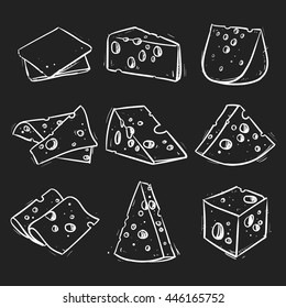 Vector Set Of Cheese Isolated On A Black Background. Hand Drawn Cheese Outline Vector Illustration.