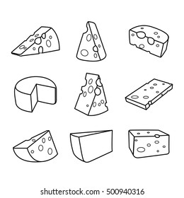 Vector set of cheese isolated on a white background. Hand drawn cheese outline vector illustration. Cheese sketch.