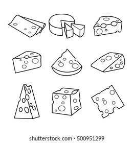 Vector set of cheese isolated on a white background. Hand drawn cheese outline vector illustration. Cheese sketch.